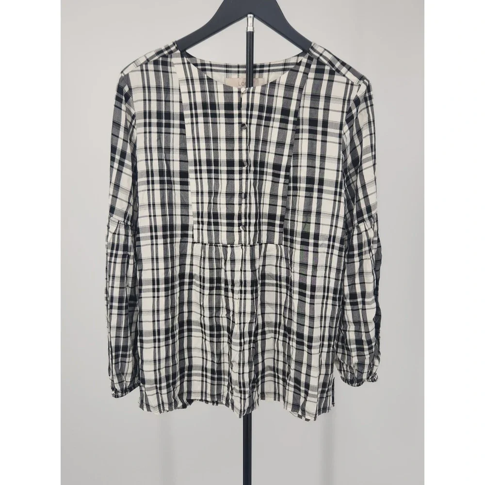 LOFT Womens Black White Plaid Button Babydoll Blouse Size M Rayon Puff Sleeve